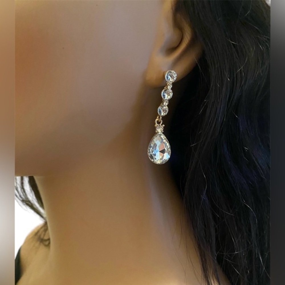Triple Stone Teardrop Link dangle Earrings Gold Tone/ Clear